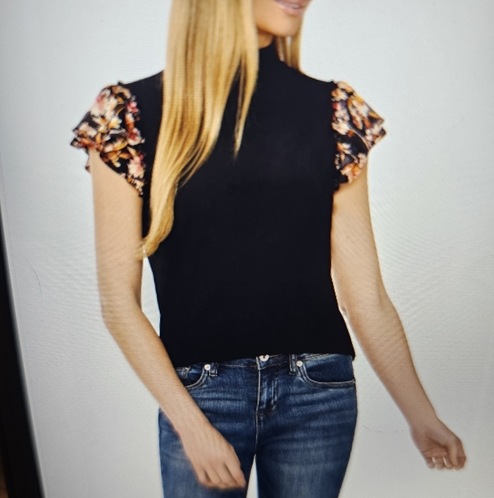 NWT CeCe Floral Print Double Ruffle Mixed Media Top XL. Deep Black